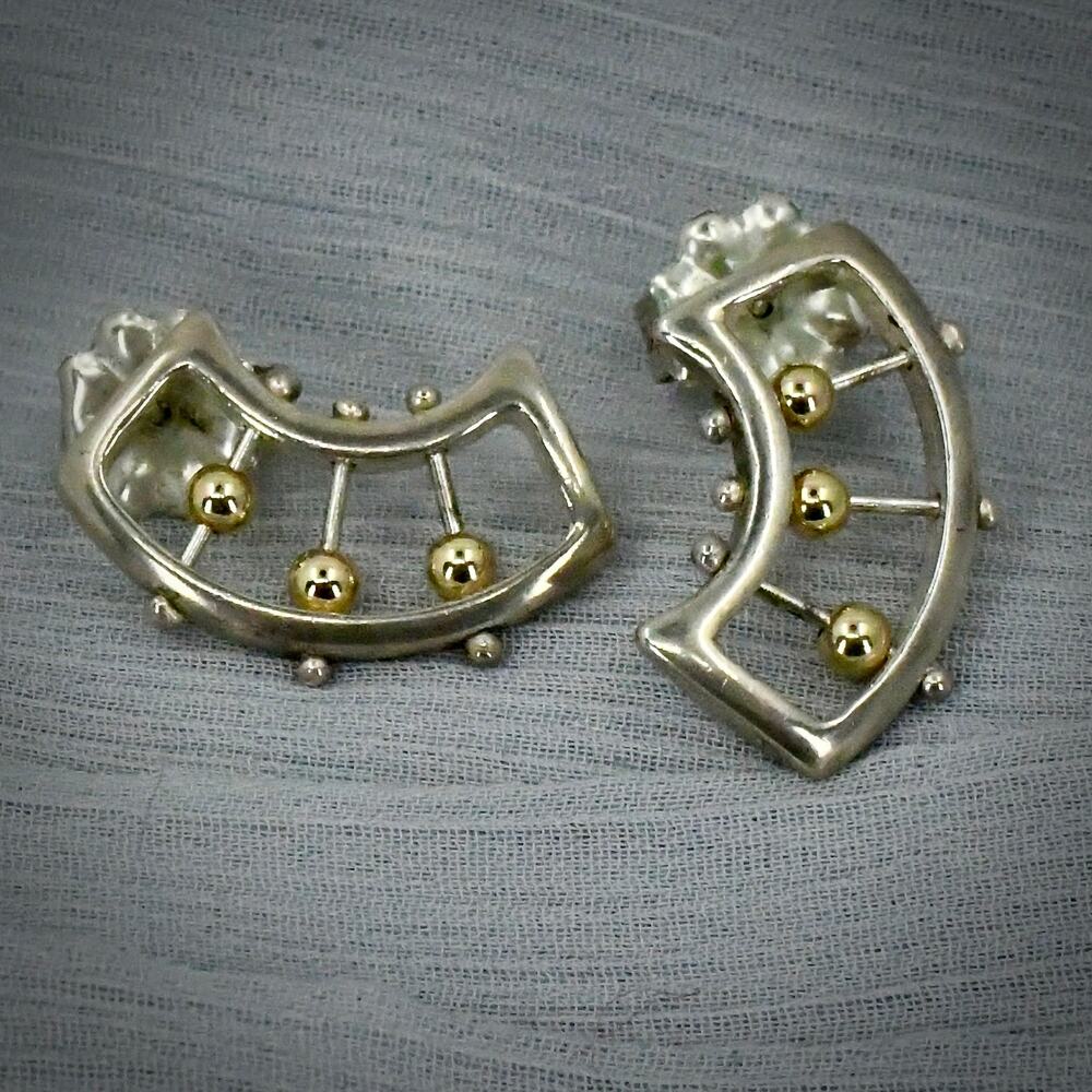Vintage Modernist Kinetic Abacus Drop Earrings 14K Gold 925 Sterling 5.75g